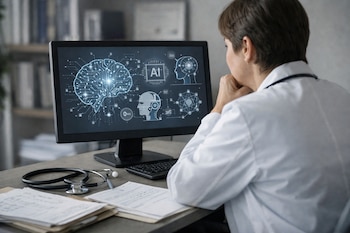 Un médico de espaldas mira una pantalla de computadora con imágenes de cerebro y símbolos de inteligencia artificial; un estetoscopio y papeles están en el escritorio.