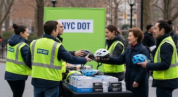Miembros del NYC DOT con chalecos reflectivos verdes entregan cascos de bicicleta negros, blancos y azules, y kits de luces, en un evento al aire libre.