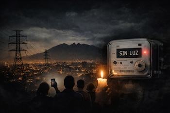 Medidor de energía con texto "SIN LUZ" y luz roja. Siluetas de personas con celular encendido y vela. Torres eléctricas, ciudad iluminada y montañas de fondo con cielo nublado.