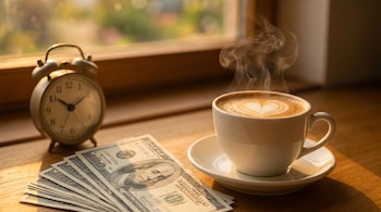 Un reloj despertador, billetes de cien dólares y una taza de café humeante con arte latte sobre una mesa de madera junto a una ventana.
