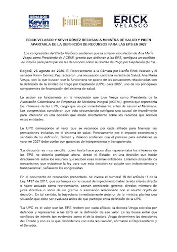 Los congresistas sostienen que la intervención de Vesga en la UPC de 2027 podría configurar un conflicto de interés según la Ley 1437 de 2011 - crédito suministrado a Infobae Colombia