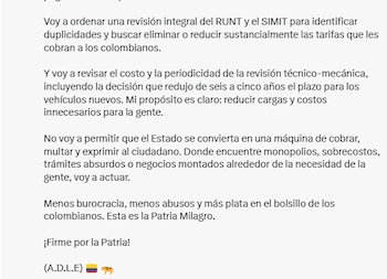 Otra de las medidas que adelantó apunta al Registro Único Nacional de Tránsito (Runt) y al Sistema Integrado de Información sobre Multas y Sanciones por Infracciones de Tránsito (Simit) - crédito @ABDELAESPRIELLA/X