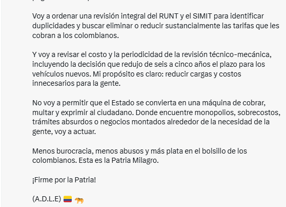 Otra de las medidas que adelantó apunta al Registro Único Nacional de Tránsito (Runt) y al Sistema Integrado de Información sobre Multas y Sanciones por Infracciones de Tránsito (Simit) - crédito @ABDELAESPRIELLA/X