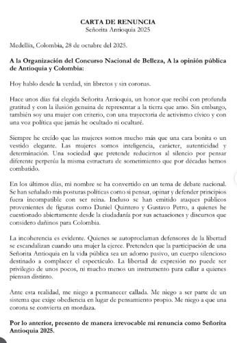 Laura Gallego Solís presentó su carta de renuncia como señorita Antioquia, a raíz de la polémica que desencadenó dos videos que publicó con los precandidatos presidenciales Abelardo de la Espriella y Santiago Botero - crédito @lauragallegosoliss/IG