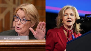 A la izquierda, Maggie Hassan gesticula detrás de un letrero con su nombre. A la derecha, Marsha Blackburn habla frente a un micrófono