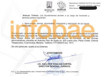 La Comisión Estatal del Agua de Morelos contestó dos veces con el mismo argumento, al señalar que la dotación del servicio corresponde a los ayuntamientos y no al gobierno estatal, y ofreció atención en Cuernavaca