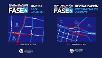 Mapas oficiales muestran las calles intervenidas y las rutas alternas sugeridas por la Alcaldía durante la revitalización del Centro Histórico de San Salvador. (Cortesía: Alcaldía de San Salvador Centro)