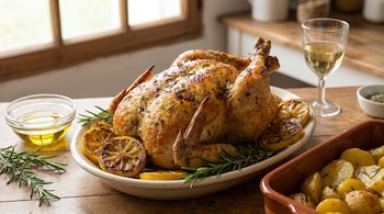 Pollo asado entero con romero y rodajas de limón, patatas doradas, cuenco con aceite de oliva y copa de vino blanco en mesa de madera.