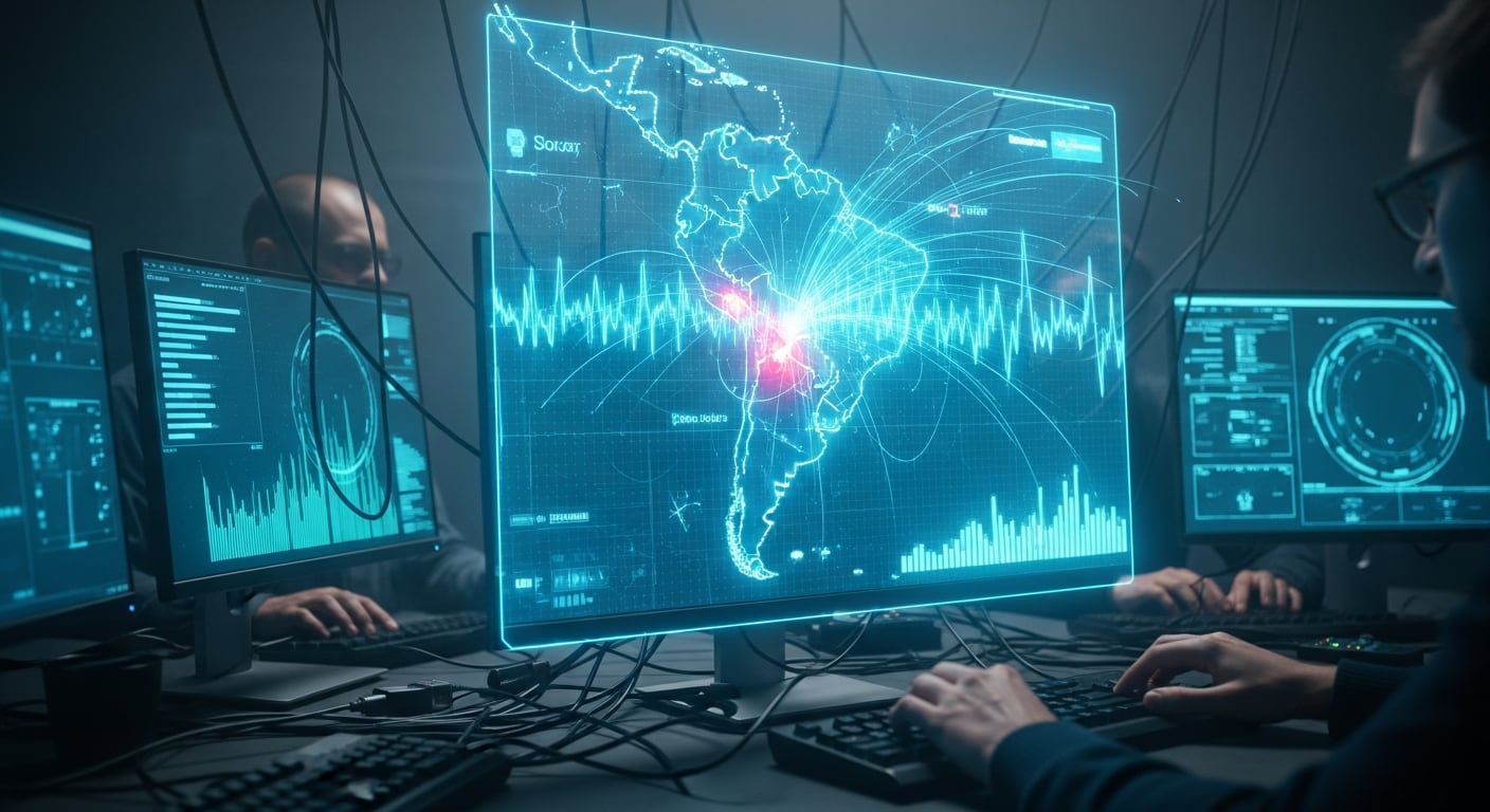 Un mapa holográfico de América Latina muestra ciberataques orquestados por delincuentes en un centro de operaciones, con datos y gráficos de actividad maliciosa en tiempo real. (Imagen Ilustrativa Infobae)