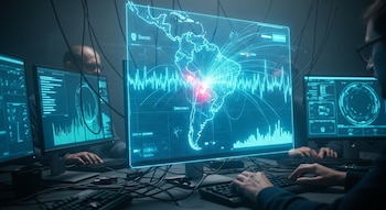 Múltiples monitores muestran un mapa holográfico de América Latina con datos de ataque y gráficos. Varias personas operan teclados en un entorno oscuro.