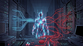 Ilustración de una figura digital en un pasillo de servidores conectada con cables rojos y azules a un panel con un botón rojo.
