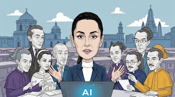 Ilustración de una mujer hablando frente a un ordenador con la palabra AI en la pantalla, rodeada por ocho personas en una sala con vistas a una ciudad.