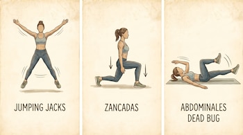 Tres ilustraciones muestran a una persona haciendo jumping jacks, zancadas y el ejercicio dead bug. Cada ilustración está etiquetada con el nombre del ejercicio.