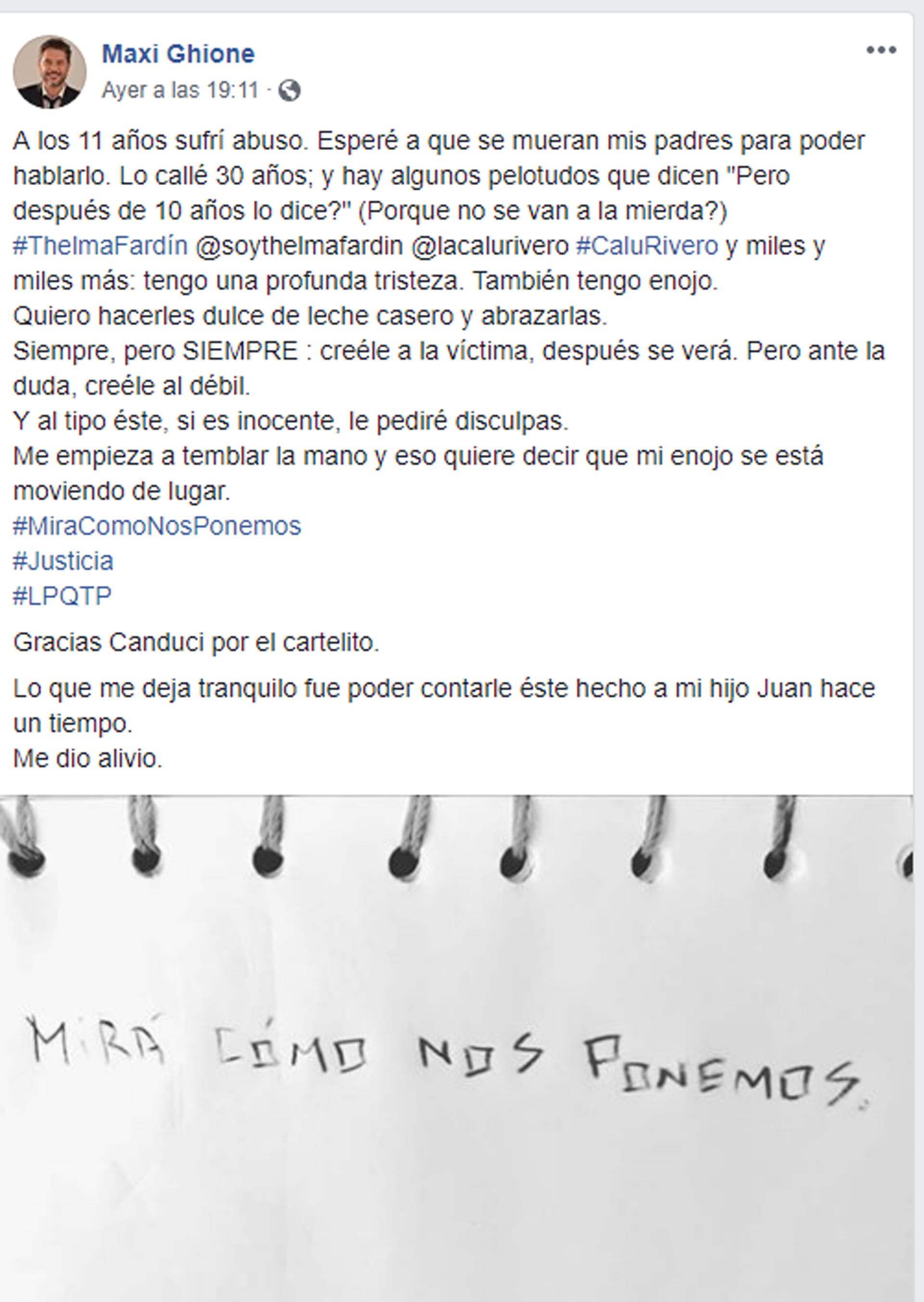 El posteo de Maxi Ghione al contar que fue abusado