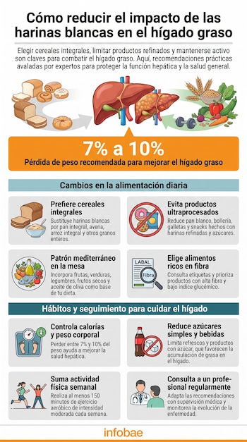 Infografía con título, ilustraciones de hígado sano y graso, alimentos procesados e integrales, frutas, verduras, pesas, balanza, bebidas azucaradas, médicos y texto explicativo.
