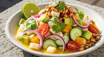 Un plato de ceviche contiene palmitos, aguacate, tomate, pepino, cebolla morada, cilantro, maíz tostado y una rodaja de lima en el borde
