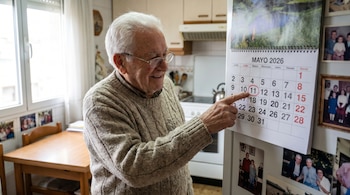Hombre de edad avanzada con suéter de lana y gafas sonríe mientras señala el número 11, rodeado en rojo, en un calendario de Mayo 2026.