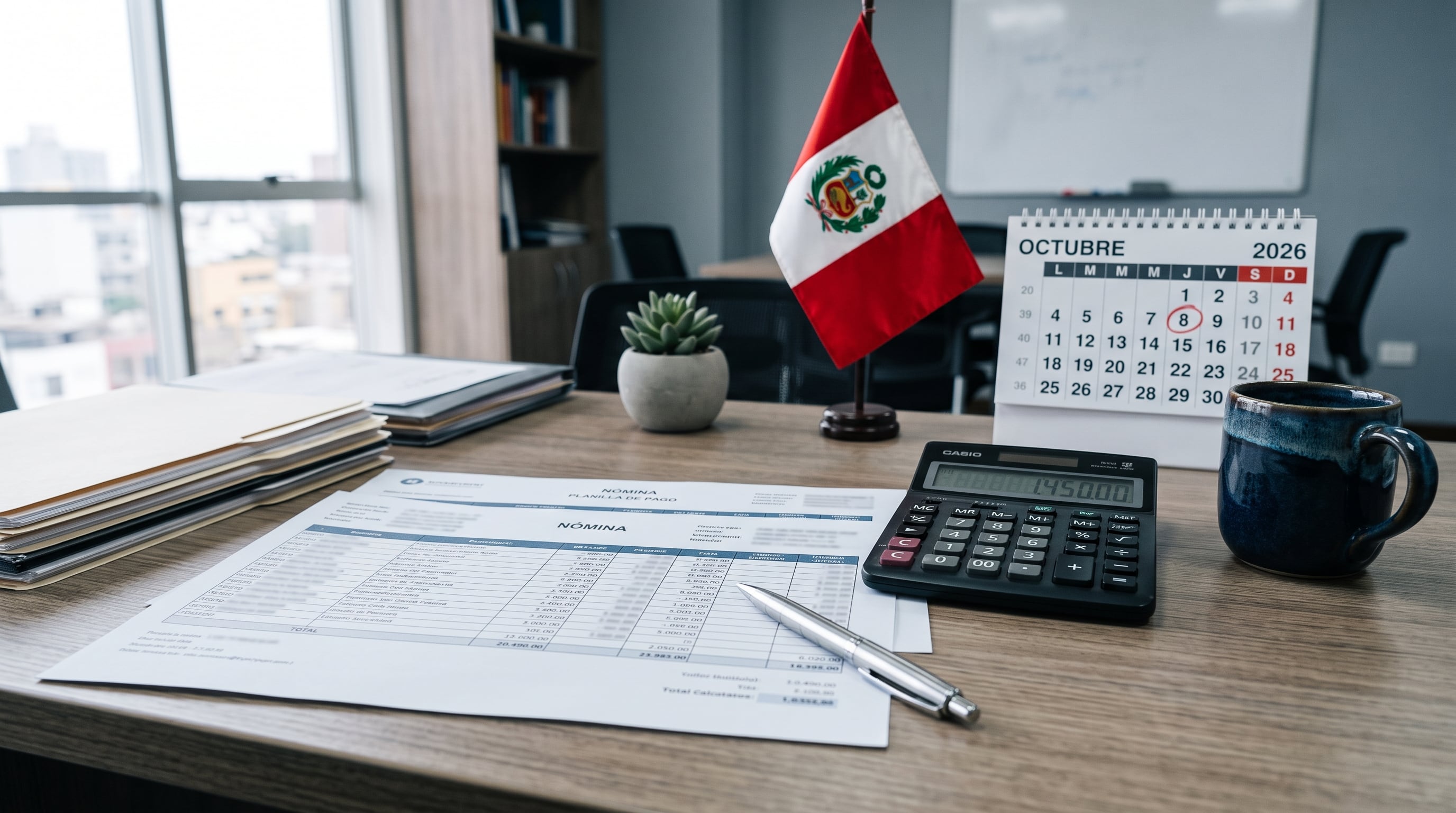 Documentos de planilla de pago y un calendario sobre un escritorio ilustran la gestión administrativa laboral en Perú. (Imagen Ilustrativa Infobae)