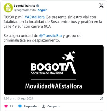 Trino de Bogotá Tránsito notificando el suceso - crédito @BogotaTransito/X