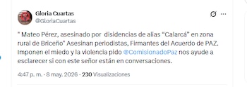 Gloria Cuartas, directora de la Unidad para la Implementación del Acuerdo de Paz de Colombia, exigió explicaciones sobre los diálogos de paz con alias Calarcá tras el asesinato de Mateo Pérez - crédito @GloriaCuartas/X