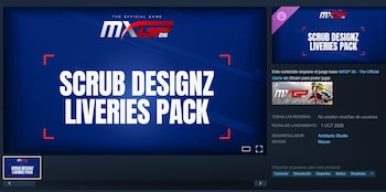 Captura de pantalla de la interfaz de Steam con el banner de Scrub Designz Liveries Pack y la ficha técnica de MXGP 26