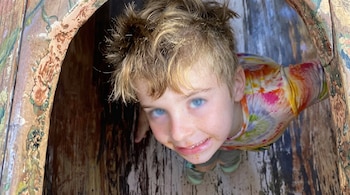 Un niño de cabello rubio y camiseta de colores mira hacia arriba desde el interior de una cavidad de madera.