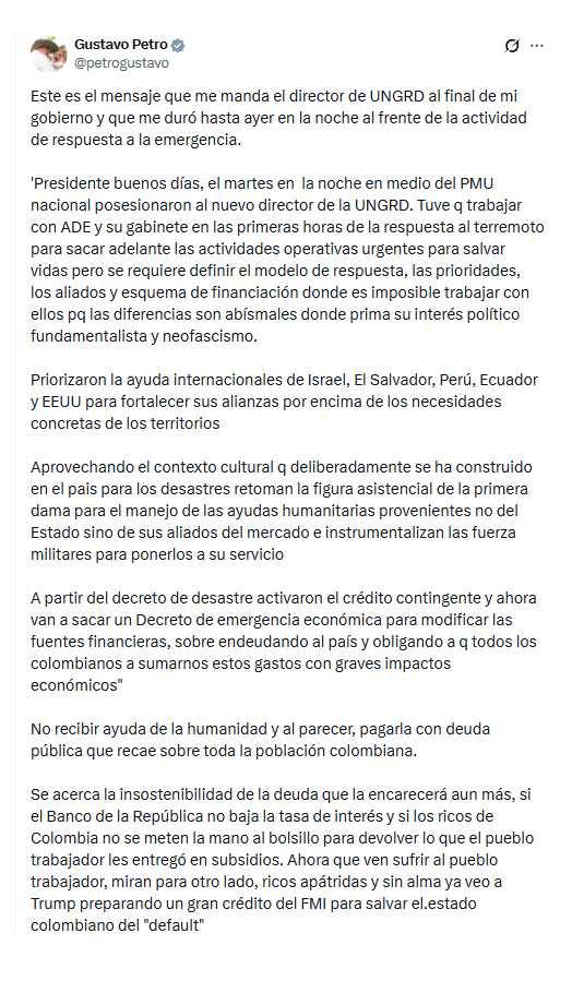 A través de sus redes sociales, el presidente Gustavo Petro reveló el supuesto mensaje que le compartió exdirector (e) de la Ungrd Javier Pava, ya relevado por el Gobierno de Abelardo de la Espriella - crédito @petrogustavo/X