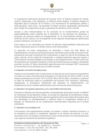 La Unidad de Implementación del Acuerdo de Paz defendió el entramado institucional derivado del acuerdo como una estructura estatal ya consolidada - crédito Unidad de Implementación del Acuerdo de Paz