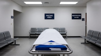 Sala de espera de morgue con paredes blancas, bancos metálicos, una camilla con sábana blanca y una bandera de Nicaragua doblada.