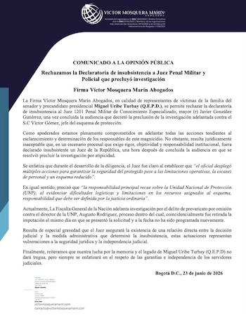Los abogados de las víctimas afirmaron en Bogotá que la salida del juez compromete la seguridad jurídica y la independencia judicial en el proceso por Miguel Uribe Turbay - crédito X