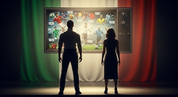 Una silueta masculina y otra femenina de espaldas observan un televisor retro que exhibe imágenes históricas de fútbol sobre una bandera italiana.