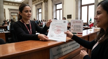 Una funcionaria con identificador institucional entrega un documento con el sello de apostilla a una mujer frente a un mostrador de madera