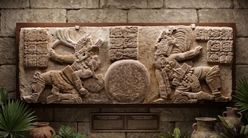 Panel de piedra maya con relieve de dos figuras humanas jugando a la pelota, rodeado de glifos. Se ven macetas y plantas en primer plano.