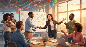 Un equipo de trabajo diverso celebra en una oficina decorada con globos y serpentinas. Una gerente saluda a un hombre mientras otros brindan y aplauden.