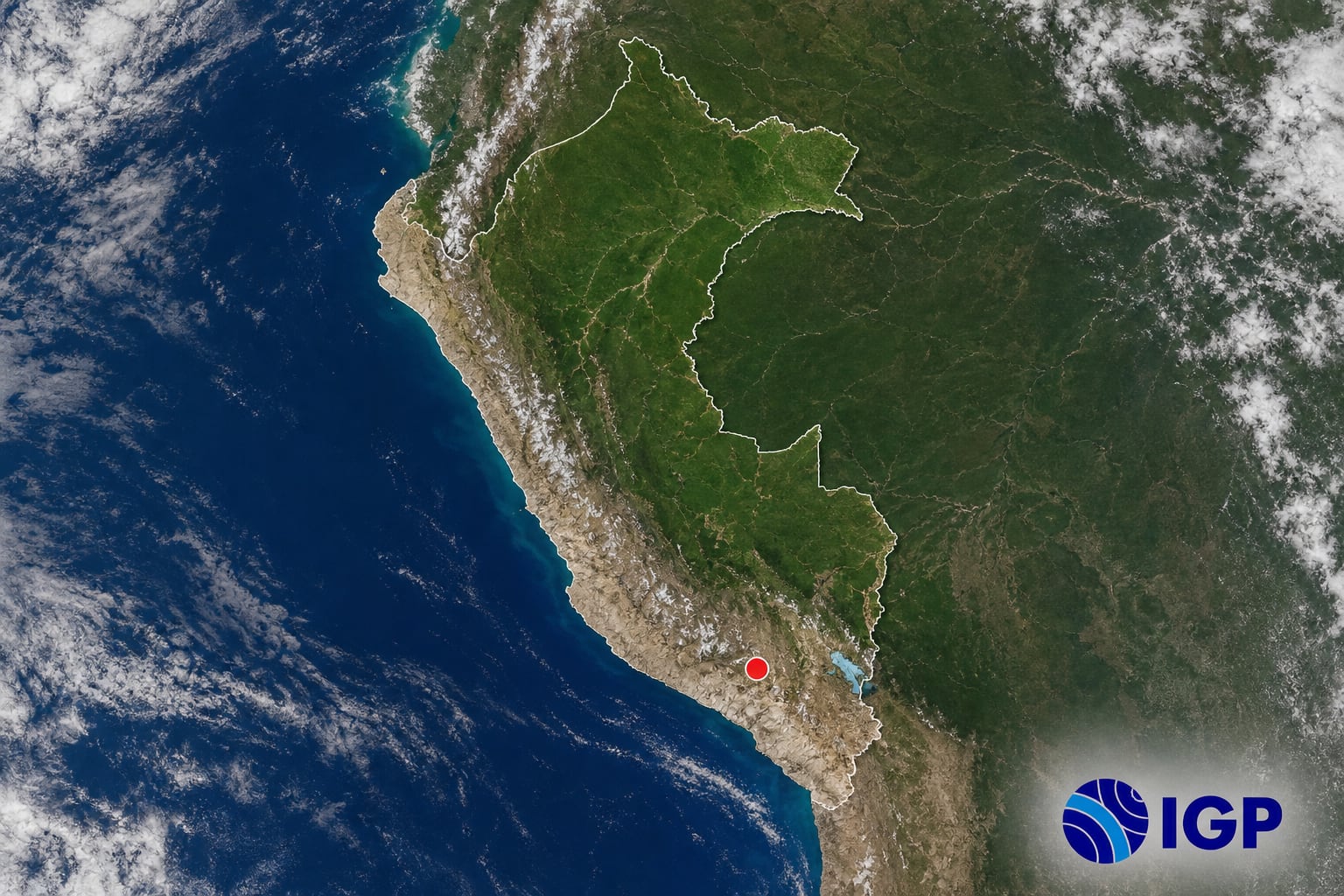 Un mapa satelital del Instituto Geofísico del Perú delimita el territorio peruano y marca un punto rojo sobre la región de Arequipa. (Imagen Ilustrativa Infobae)