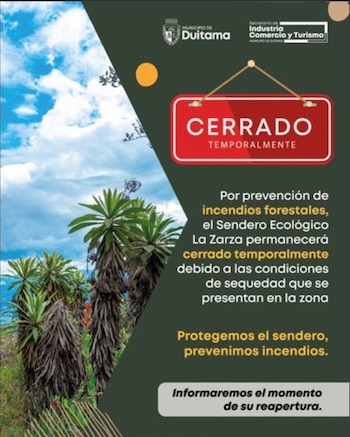 Ante el riesgo de incendios, la Alcaldía de Duitama ordenó el cierre del Sendero Ecológico La Zarza - crédito Alcaldía de Duitama