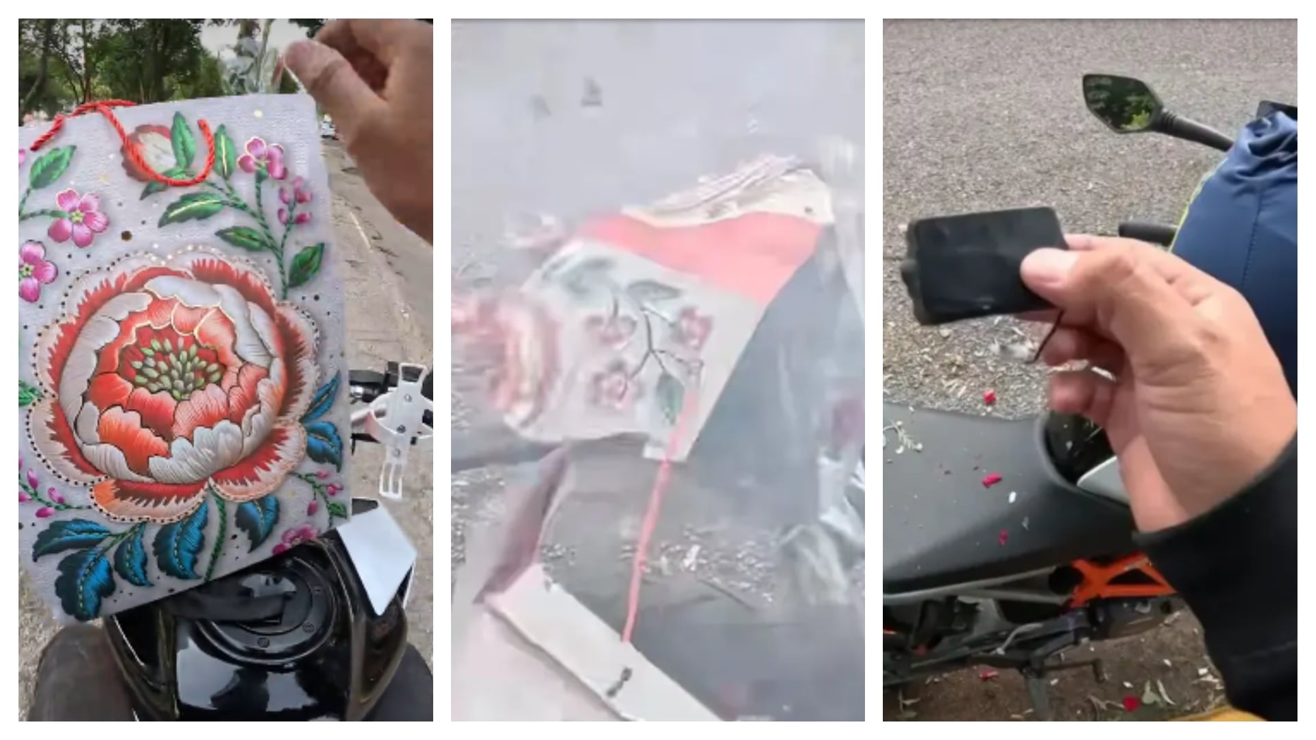 El repartidor y creador de contenido Bimo Biker denunció que una bomba le explotó en una bolsa con flores que le encargaron llevar a una mujer Foto: Captura de pantalla video