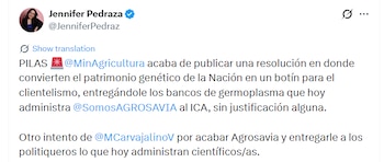 Pedraza advirtió que esta decisión convertiría el patrimonio genético de la Nación en un “botín para el clientelismo”, según sus declaraciones en la red social X - crédito @JenniferPedraz/X