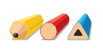 Tres lápices de colores (amarillo hexagonal, rojo redondo, azul triangular) con sus puntas traseras visibles, alineados horizontalmente sobre un fondo blanco.