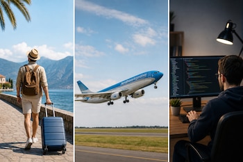 Tres imágenes: un hombre con maleta y mochila, un avión de Aerolíneas Argentinas despegando y una persona trabajando frente a una computadora.