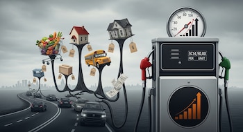 Ilustración de una gasolinera con medidor de precio al alza. Mangueras conectan la bomba a un carro de compra, casas, autobús y bienes con etiquetas de precio; coches en la carretera.