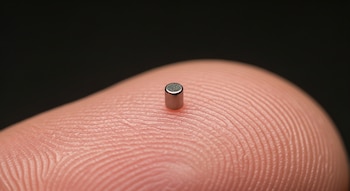 Un imán cilíndrico metálico, brillante y diminuto sobre la yema de un dedo humano, con la piel texturizada y el fondo oscuro desenfocado.