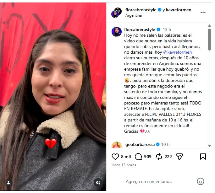 El mensaje de Flor Cabrera a su comunidad (Instagram)