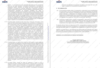 Dos páginas de un informe técnico con logo ONPE, texto impreso, subtítulos numerados, detalles de fuente y firmas digitales