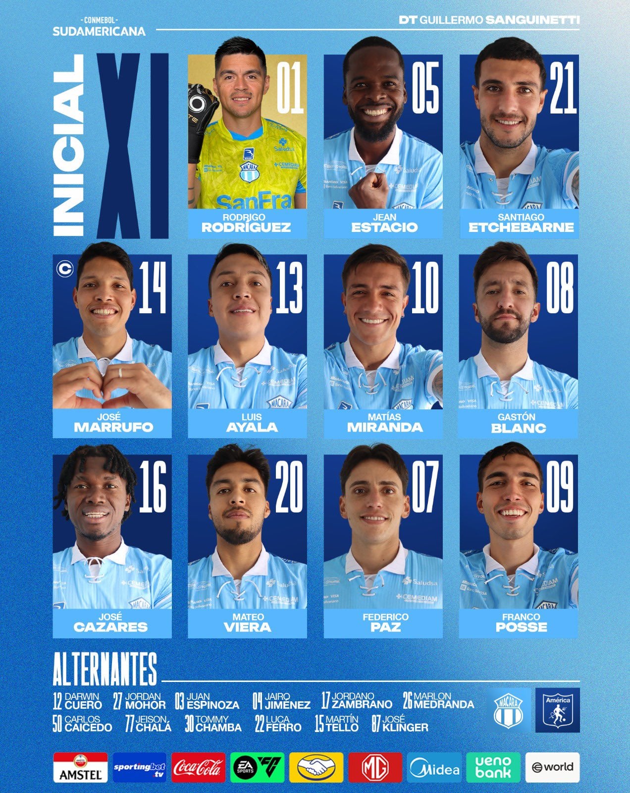 Titulares para el partido entre Macará y América de Cali en el estadio Bellavista por la Copa Sudamericana 2026 - crédito @Macara_Oficial/X