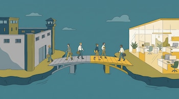 Ilustración de personas cruzando un puente que conecta una cárcel a la izquierda con una oficina moderna a la derecha, algunas con tobilleras.
