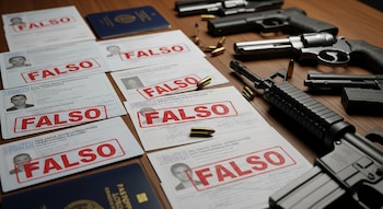 Una mesa de madera con documentos estampados con la palabra FALSO, pasaportes, pistolas, un revólver, un rifle y balas de munición.