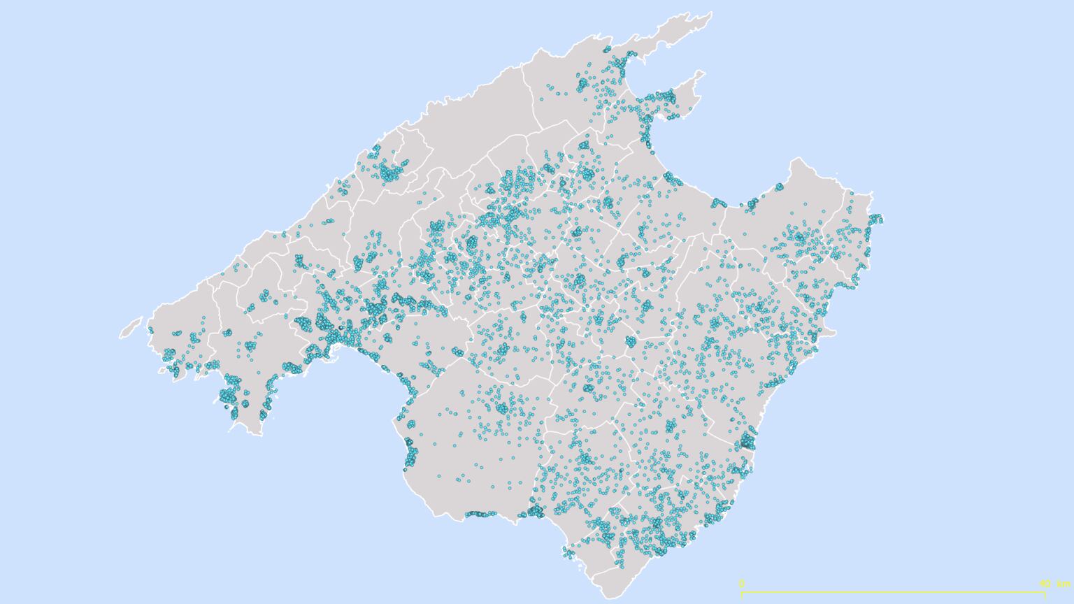 Mapa de las piscinas construidas en Mallorca. (Terraferida)