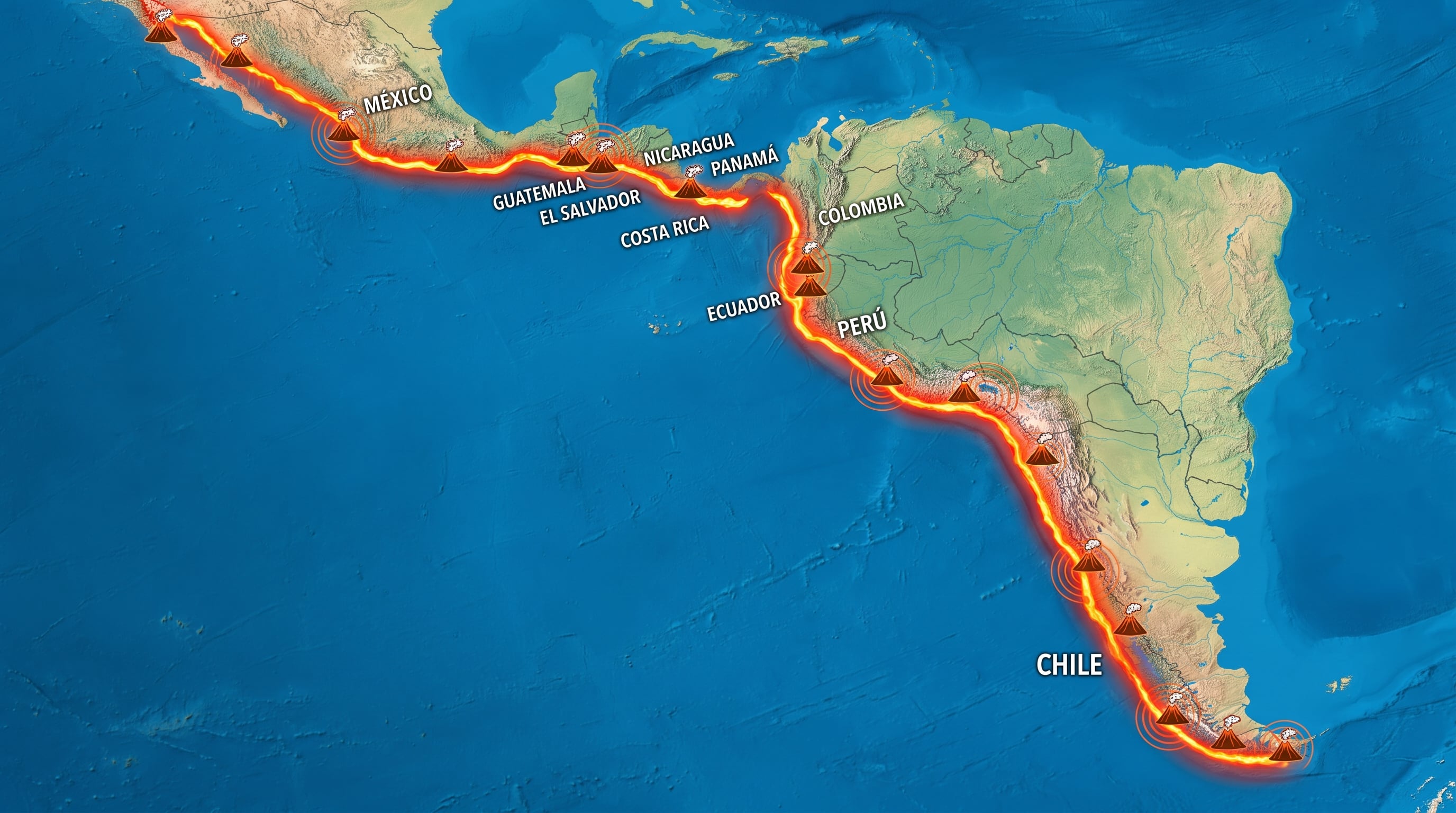 Un mapa físico de América Latina resalta la franja del Cinturón de Fuego del Pacífico, que indica volcanes y zonas sísmicas que atraviesan desde México hasta Chile. (Imagen Ilustrativa Infobae)