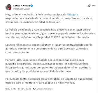 El alcalde Carlos Fernando Galán confirmó la atención inmediata del caso y respaldo institucional a la investigación - crédito @CarlosFGalan/X